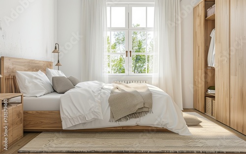 The modern interior of a luxurious bedroom with a large bed and a window.