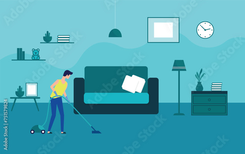 House chores concept with man scene in the flat cartoon design. A man vacuums at home to maintain cleanliness. Vector illustration.