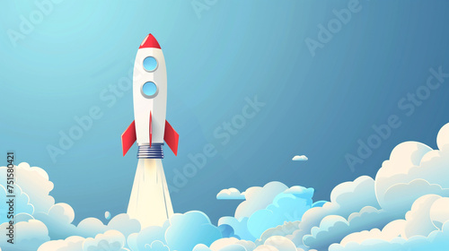 A cartoon rocket soaring gracefully amidst a billowing cloud backdrop photo