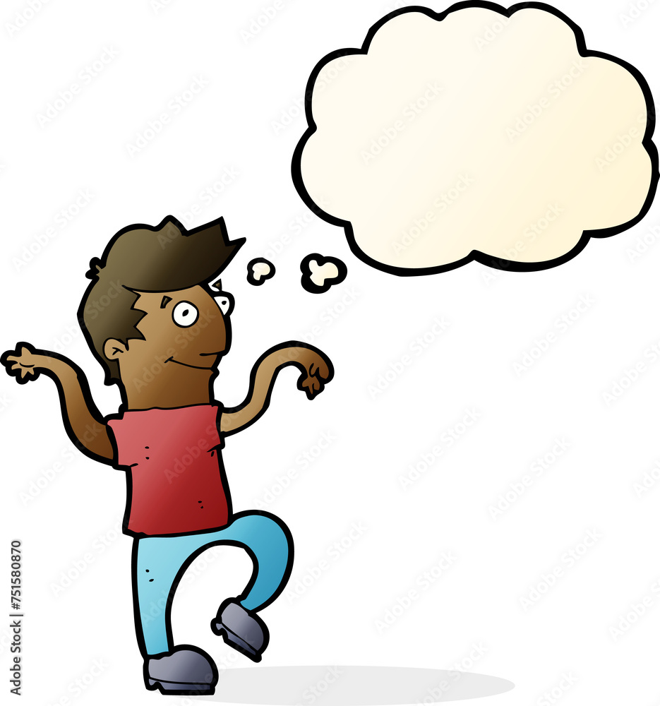cartoon happy man doing funny dance with thought bubble cartoon happy man doing funny dance with thought bubble