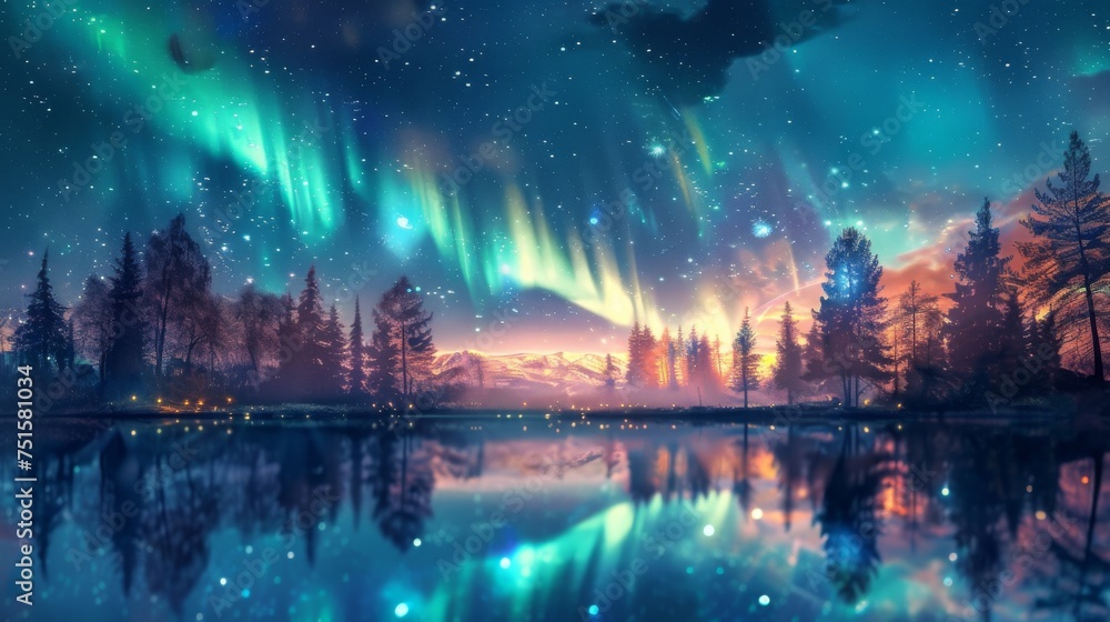 Fototapeta premium The mesmerizing dance of the aurora borealis in shades of green and blue lights up the night sky above a tranquil mountain lake. Aurora borealis illuminating the night sky above a snowy forest