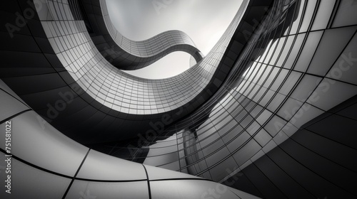 Monochrome architectural elegance, futuristic building curves, minimalistic architectural photography. Flowing curves and bold lines of a contemporary building