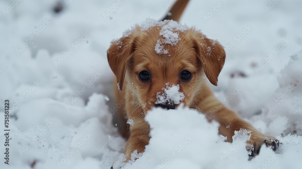A playful golden retriever puppy lying in the snow, with snow on its snout and paws, looking directly at the camera. A playful golden retriever puppy lying in the snow, with snow on its snout and paws, looking directly at the camera.