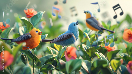 A whimsical 3D animated scene featuring birds singing in harmony surrounded by floating music notes