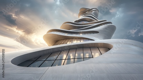 Innovative building structure with wavy facade. Artistic architectural design against a sunset sky. Modern architectural wonder with fluid lines and organic form.