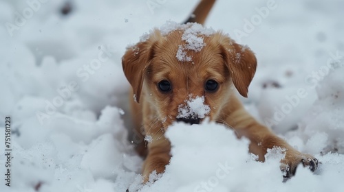 A playful golden retriever puppy lying in the snow, with snow on its snout and paws, looking directly at the camera.