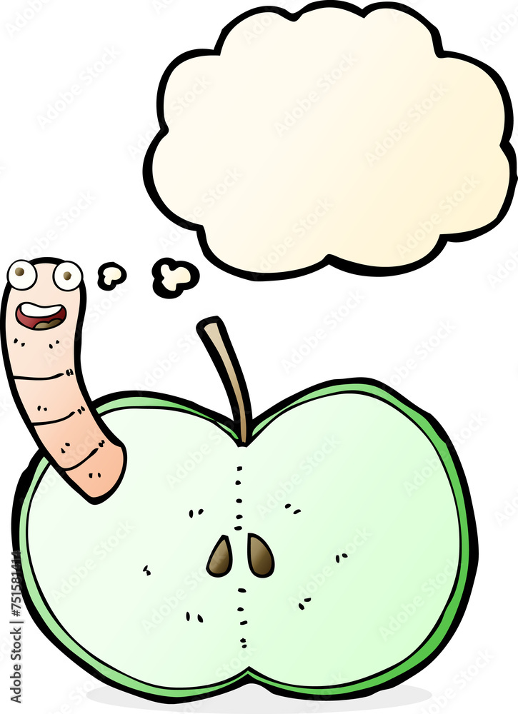 Obraz premium cartoon apple with worm with thought bubble