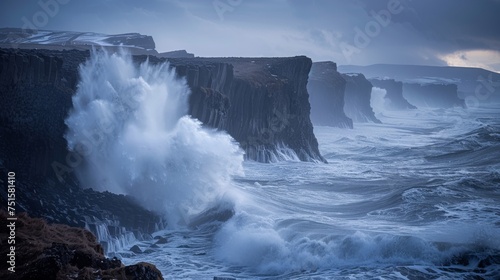 Stormy seascape with waves breaking on cliff walls. Majestic power of the ocean captured during a storm. Dynamic ocean and cliff interaction in turbulent weather.