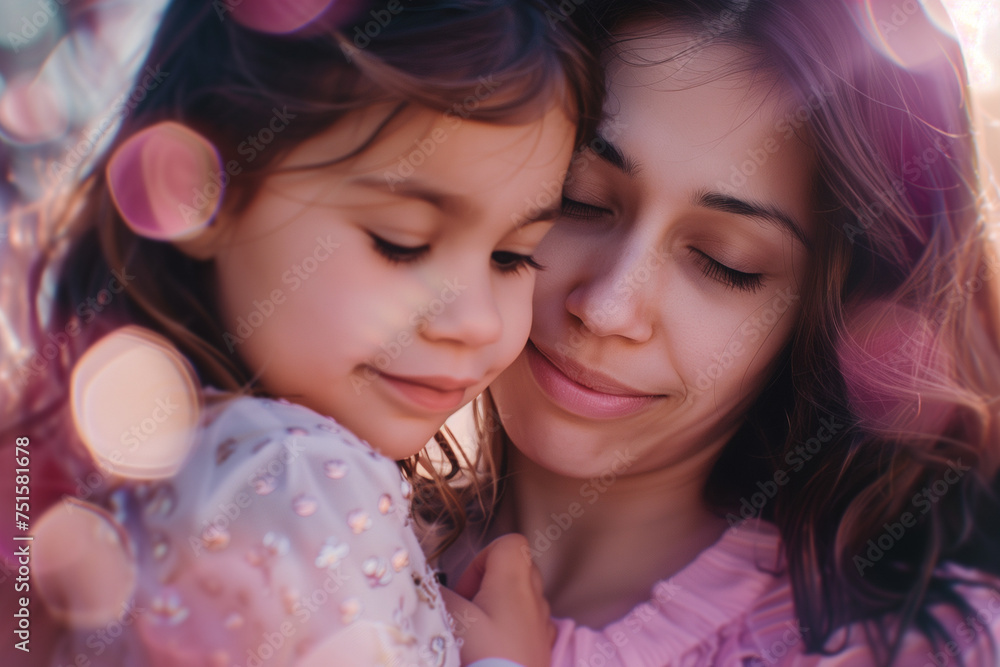 Obraz premium close up of mother and daughter hugging outdoor at sunny day. light purple light for mother's day images