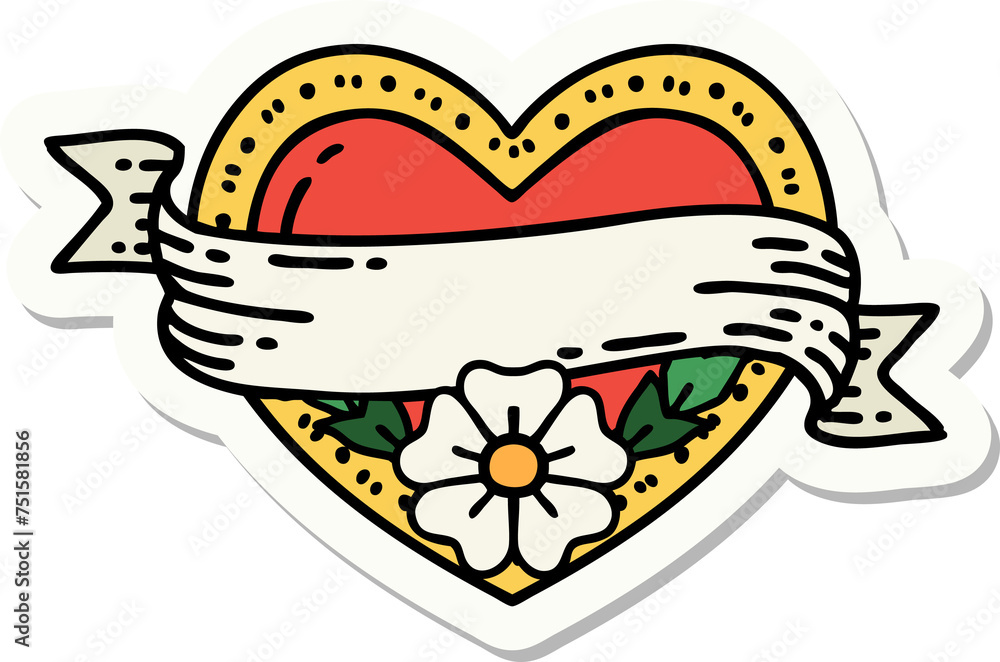 tattoo style sticker of a heart and banner with flowers tattoo style sticker of a heart and banner with flowers