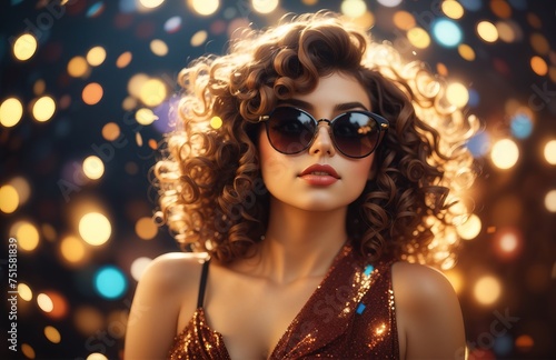 Western woman with curly hair and wearing sunglasses on blurred background