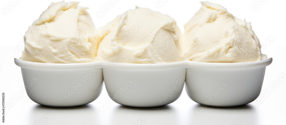 Three white bowls are filled with delicious ice cream on a clean white surface. The ice cream is creamy and perfectly scooped, creating a tempting display.