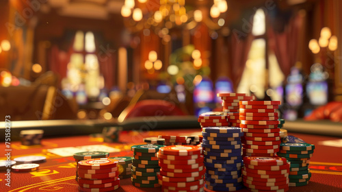 An intricate 3D animation of a high-stakes poker game in a luxurious casino setting