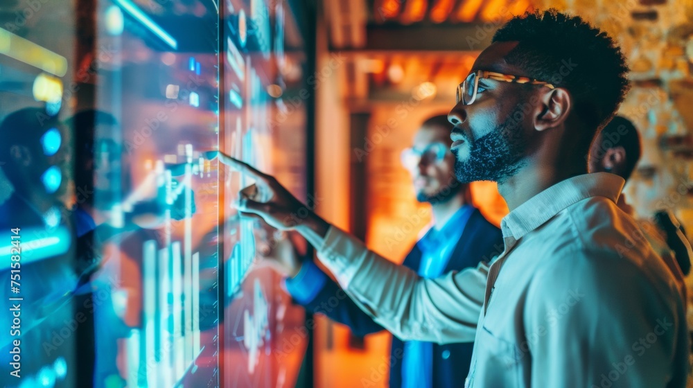 African businessmen Discussing data infographic on interactive touch screens. Business meeting and brainstorming concept. African businessmen Discussing data infographic on interactive touch screens. Business meeting and brainstorming concept.