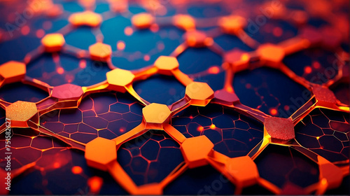 Geometric abstract backdrop featuring hexagonal shapes. Visualization of human brain cells and neurons emitting vibrant shades of orange and red