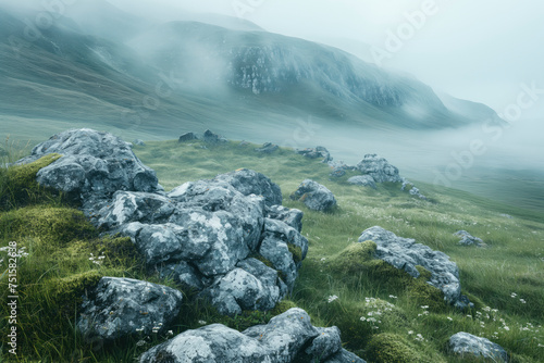 A foggy landscape scene in the Lake District in England, misty mountains in the distance