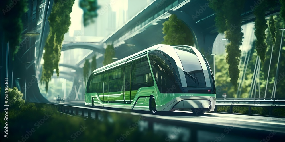 Promoting Eco-Friendly Urban Mobility: Green Public Transportation Navigating Futuristic City Streets. Concept Eco-Friendly Mobility, Green Transportation, Urban Sustainability, Future Cities