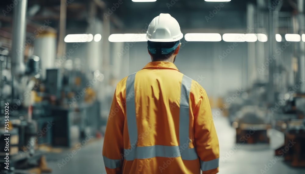 Factory worker in a hard hat is walking through industrial facilities