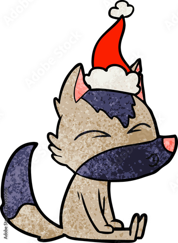 textured cartoon of a wolf whistling wearing santa hat