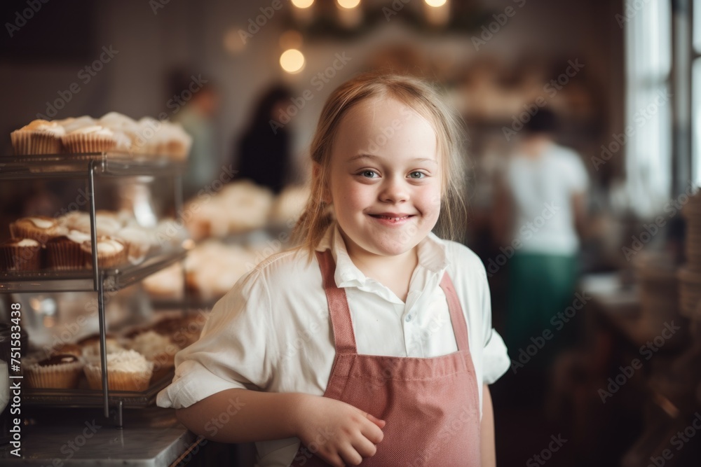 Down syndrome persona, resilience and positivity, radiant joy, genuine smile.