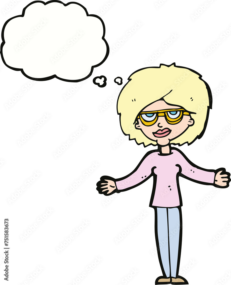 cartoon woman wearing spectacles with thought bubble cartoon woman wearing spectacles with thought bubble