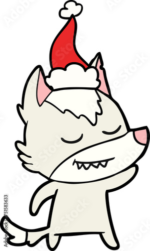 friendly line drawing of a wolf wearing santa hat