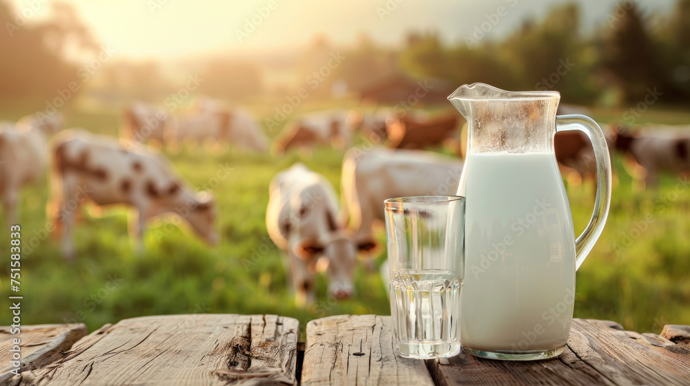 broc rempli de lait avec un verre et des pâquerettes posées sur une table en bois, vaches dans un pré à l'arrière plan - obrazy, fototapety, plakaty 