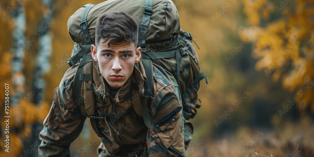 A male tourist with a large backpack travelling through mountains and forests A male tourist with a large backpack travelling through mountains and forests