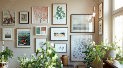 Gallery wall mockup, eclectic frames and artwork, varied sizes and styles, cohesive yet dynamic display, soft gallery lighting photo