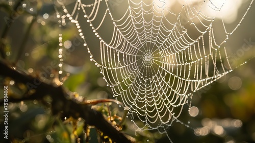 Sunlit Green Foliage Surrounding Dew-Kissed Spider Web in Morning Light