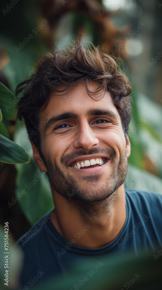 Genuine Smiling Handsome Man in Casual Attire: Close-Up Portrait with Blurred Green Background, Authentic Expression and Relaxed Style Genuine Smiling Handsome Man in Casual Attire: Close-Up Portrait with Blurred Green Background, Authentic Expression and Relaxed Style