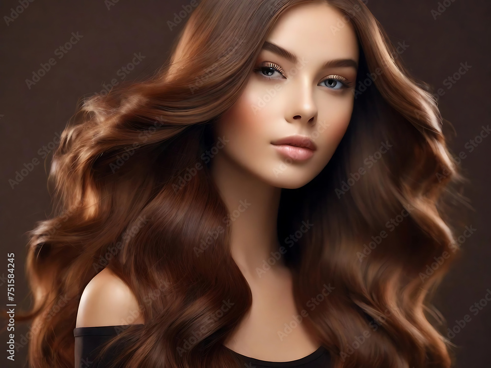 Beautiful young brunette lady/woman with long hair and healthy glowing skin at studio on grey background. Beauty portrait. Care and hair products. Beautiful young brunette lady/woman with long hair and healthy glowing skin at studio on grey background. Beauty portrait. Care and hair products.