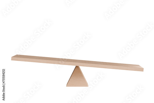 3d Wooden Seesaw Imbalance scales on isolated white background. comparison weight or unbalanced seesaw scales icon. minimal cartoon.3D Rendering. Banner  a place for text  copy space.