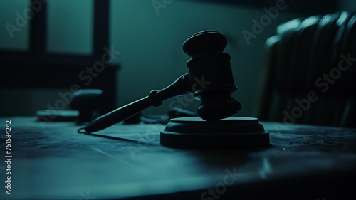 A silhouetted wooden gavel resting on a sound block, symbolizing authority and order in a legal setting.