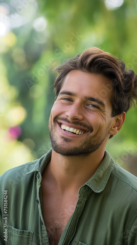 Genuine Smiling Handsome Man in Casual Attire: Close-Up Portrait with Blurred Green Background, Authentic Expression and Relaxed Style