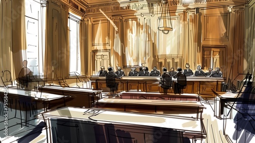 A courtroom sketch capturing the scene of a sentencing, with the judge delivering the final judgment as the defendant looks on anxiously.