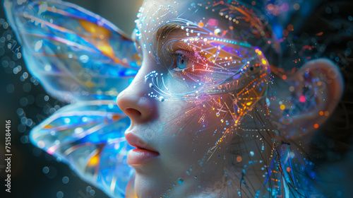 Digital fairy with iridescent wings, cybernetic enhancements, fantasy meets technology photo