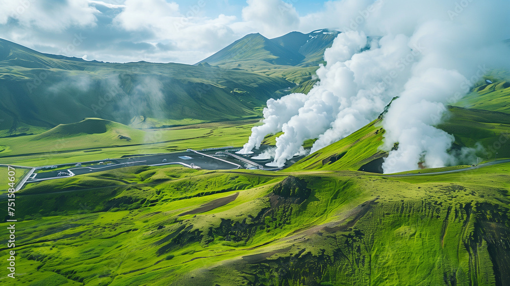 Fototapeta premium Geothermal Energy Plant Amidst Green Landscape, Steam Rising as Symbol of Clean and Renewable Energy Source, Promoting Environmentally Friendly Practices