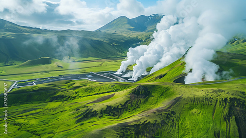 Geothermal Energy Plant Amidst Green Landscape, Steam Rising as Symbol of Clean and Renewable Energy Source, Promoting Environmentally Friendly Practices