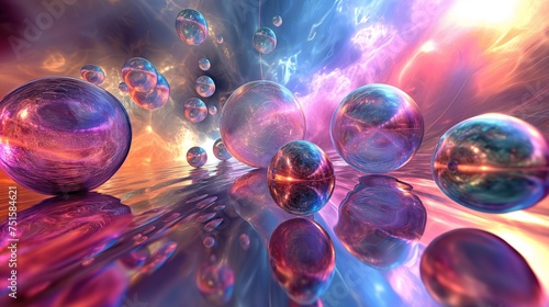Prismatic spheres suspended in an expansive 3D abstract environment, capturing a moment of dynamic stillness.