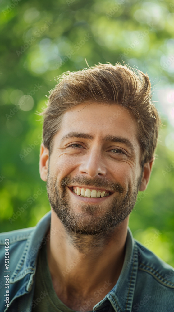 Genuine Smiling Handsome Man in Casual Attire: Close-Up Portrait with Blurred Green Background, Authentic Expression and Relaxed Style Genuine Smiling Handsome Man in Casual Attire: Close-Up Portrait with Blurred Green Background, Authentic Expression and Relaxed Style
