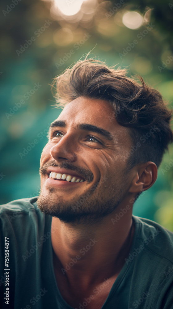 Genuine Smiling Handsome Man in Casual Attire: Close-Up Portrait with Blurred Green Background, Authentic Expression and Relaxed Style