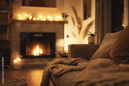 Cozy Living Room Mockup with Warm Fireplace, Plush Sofas, and Knit Throws, Creating an Atmosphere of Comfort and Welcoming Tranquility