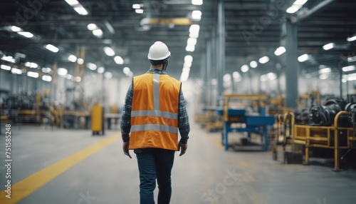 Factory worker in a hard hat is walking through industrial facilities