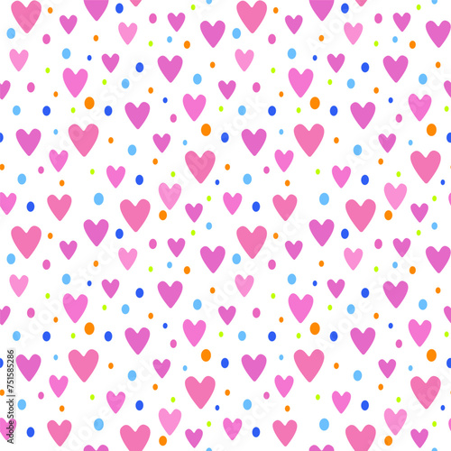 An illustration of a seamless pattern in the form of pink hearts and multicolored dots. Cute romantic print, festive background for Valentine's day, romantic wedding design.