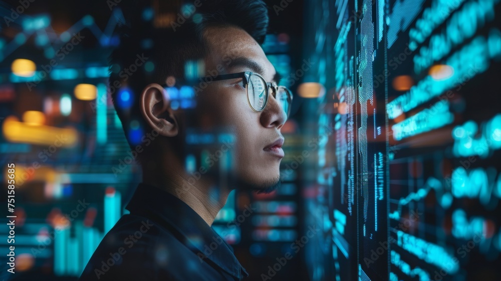 Portrait of businessman doing analysis of stock market data graphs