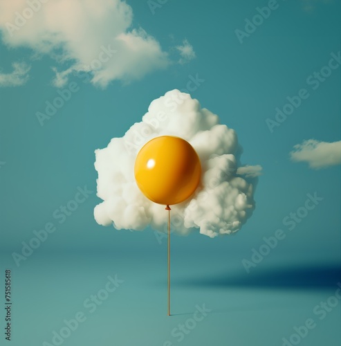 Yellow balloon floating in front of a fluffy cloud. Fried egg association background.