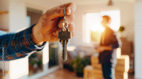 hand holding house apartment key, homebuyer concept photo