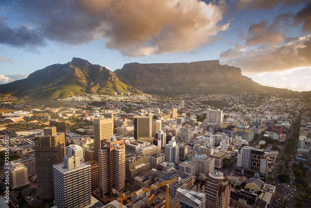 Naklejka premium An aerial view of Cape Town central business district in late afternoon as the sun is setting, showing Table Mountain.
