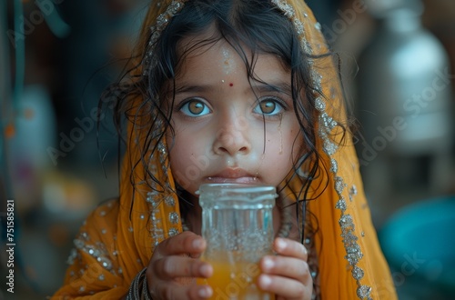 Young girl in traditional attire, with wet hair, holds a glass with orange liquid, looking curious
